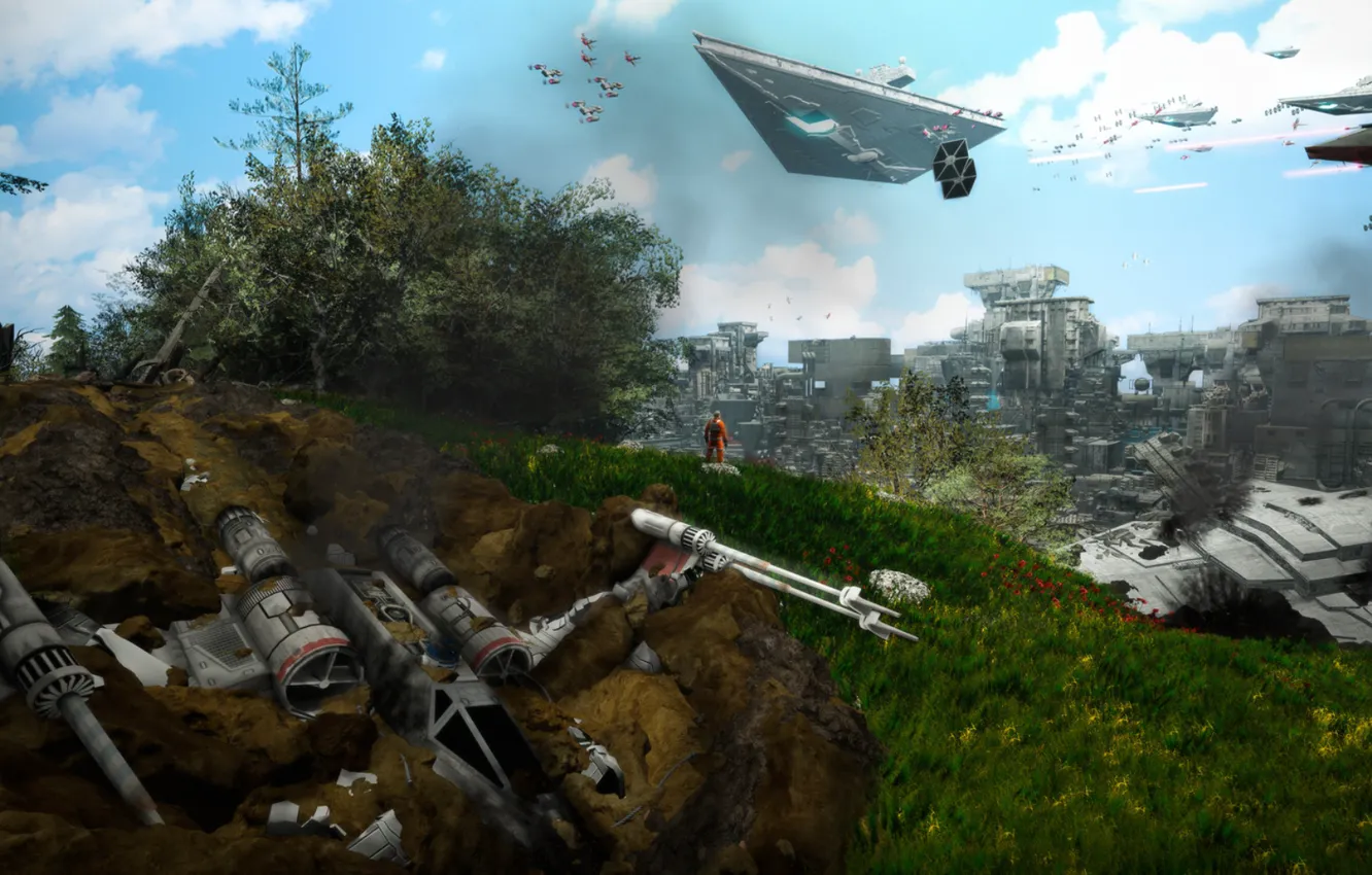 Photo wallpaper hills, vegetation, construction, flying machines, Crash Landing