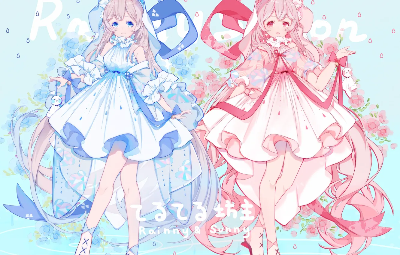 Photo wallpaper girls, anime, blue dress, pink dress
