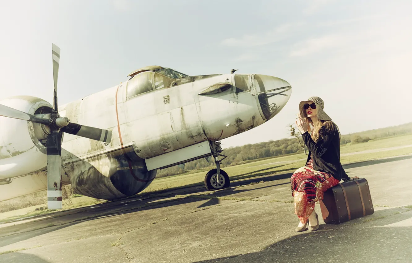 Photo wallpaper girl, suitcase, the plane