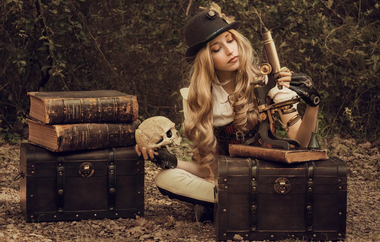 Photo wallpaper girl, books, skull, hat, curls, chests, microscope