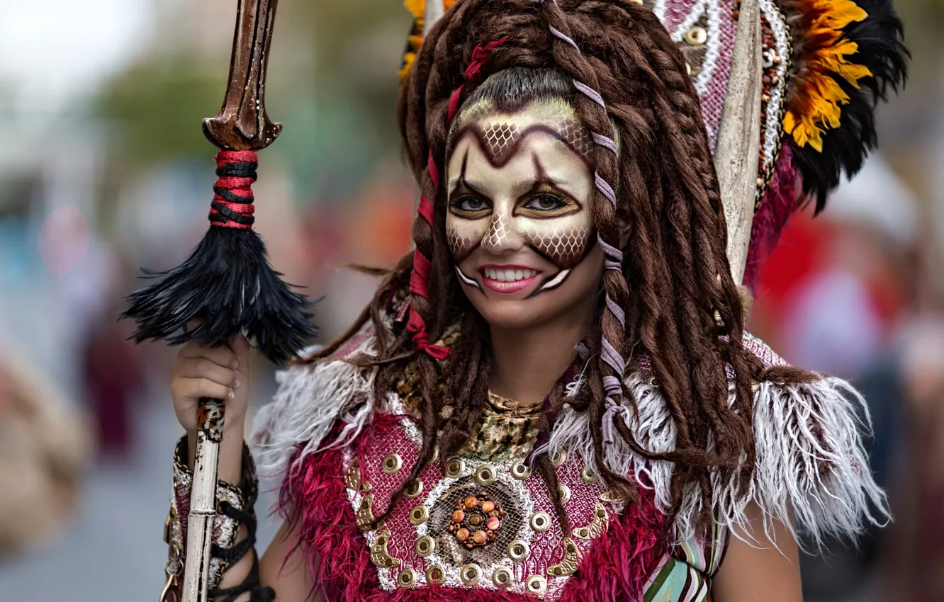 Photo wallpaper girl, smile, style, makeup, costume, outfit, image, staff