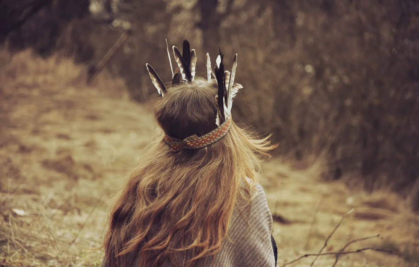 Photo wallpaper girl, hair, feathers, Indian
