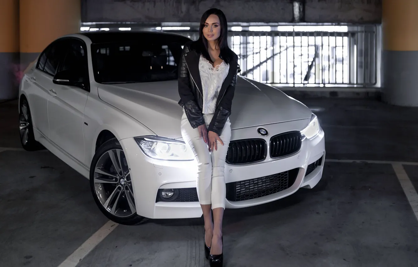Photo wallpaper look, girl, BMW, beautiful girl, Valeria, white car, posing on the car