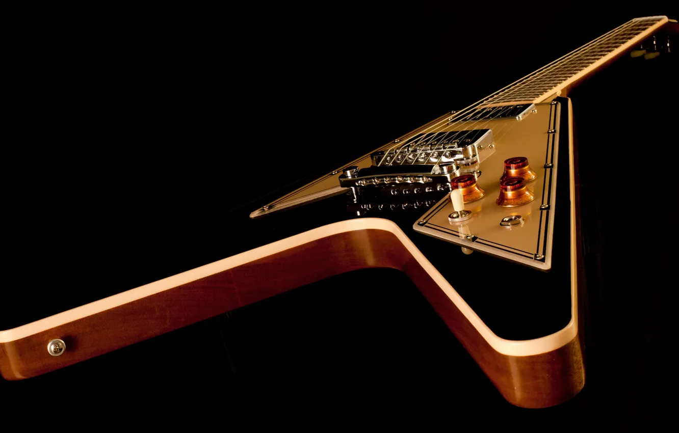 Photo wallpaper guitar, strings, case, black background, electric guitar, Grif, gibson, flying v