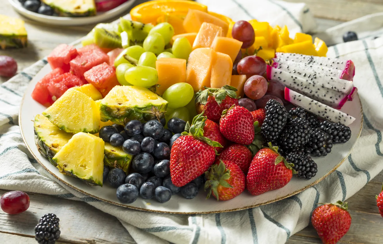 Photo wallpaper berries, blueberries, strawberry, grapes, fruit, BlackBerry, the pineapple