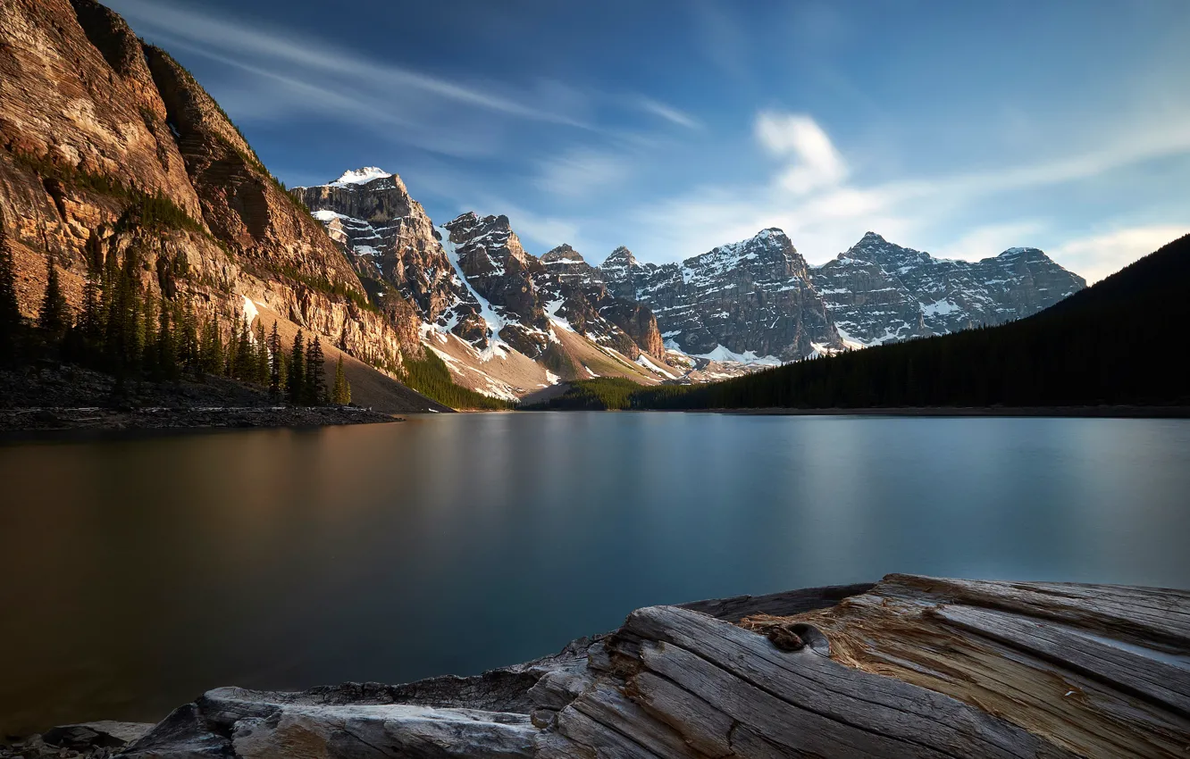 Photo wallpaper forest, clouds, light, trees, mountains, lake, blue, shore