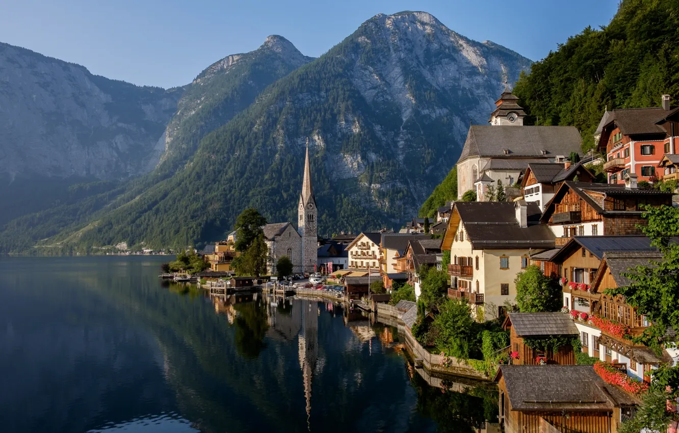 Photo wallpaper mountains, lake, home, Austria, Alps, Austria, Hallstatt, Alps