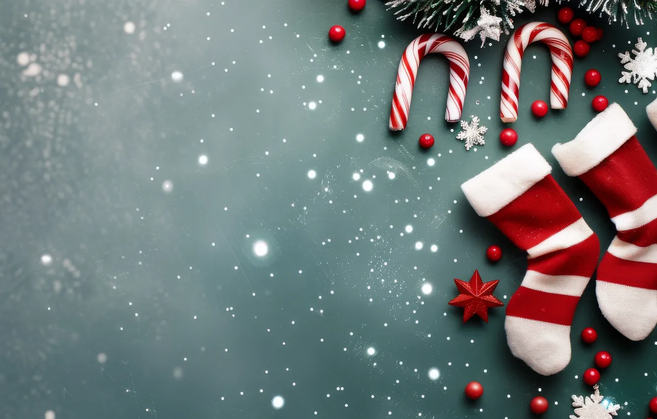 Photo wallpaper strips, berries, new year, Christmas, cane, needles, green background, gift socks