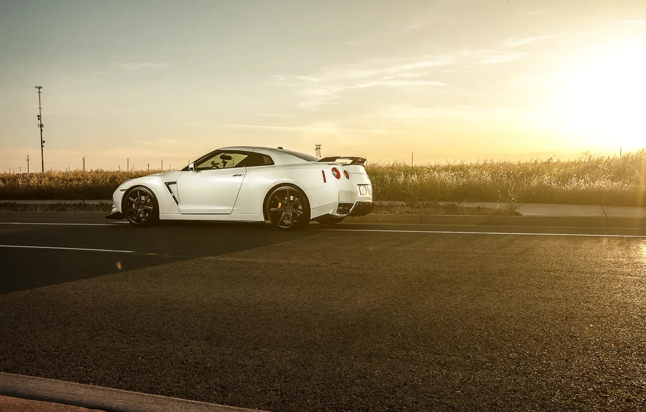 Photo wallpaper road, white, sunset, nissan, white, Nissan, gt-r, GT-R