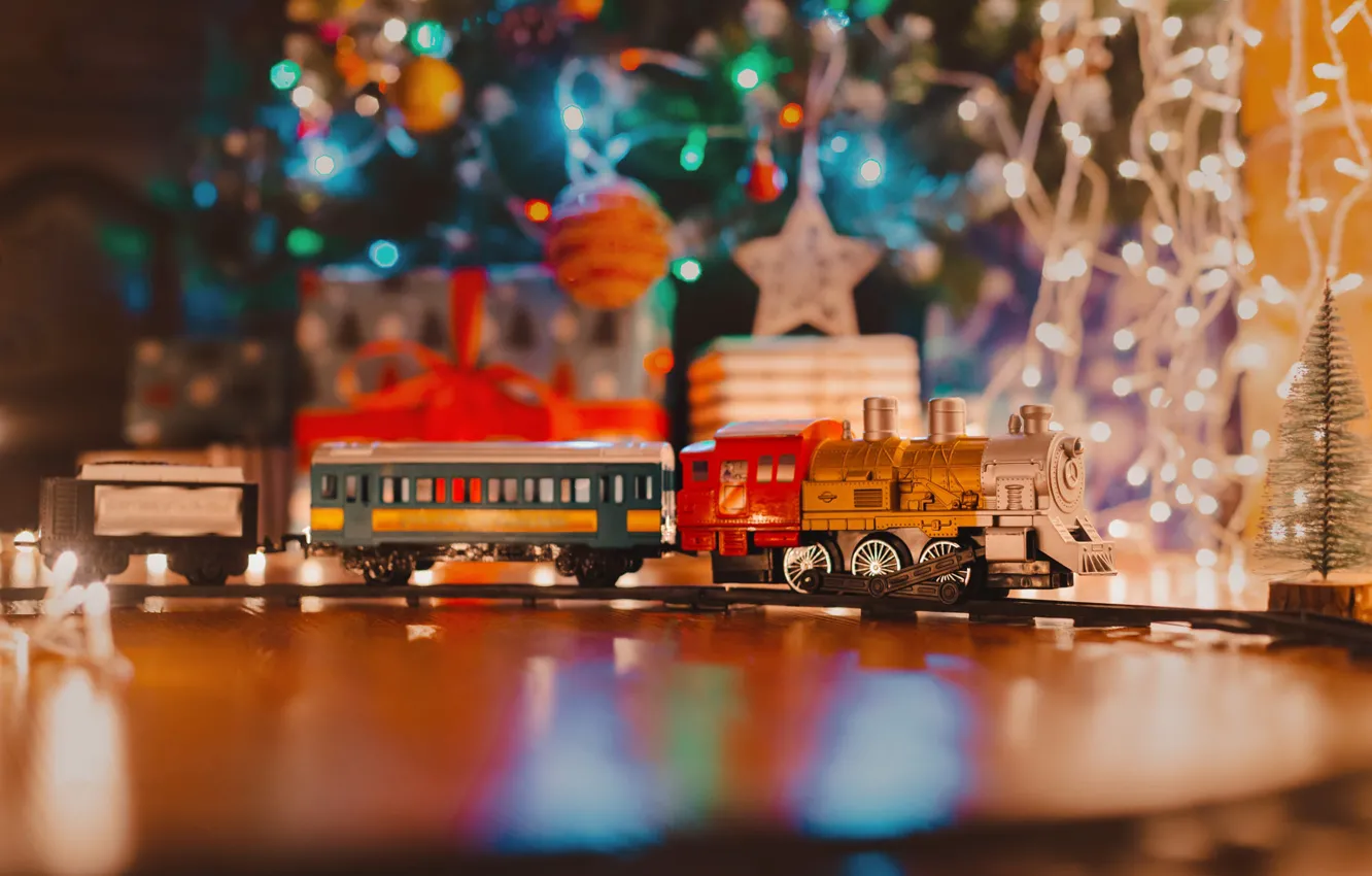 Photo wallpaper holiday, toy, tree, new year, train, Christmas, railroad, train