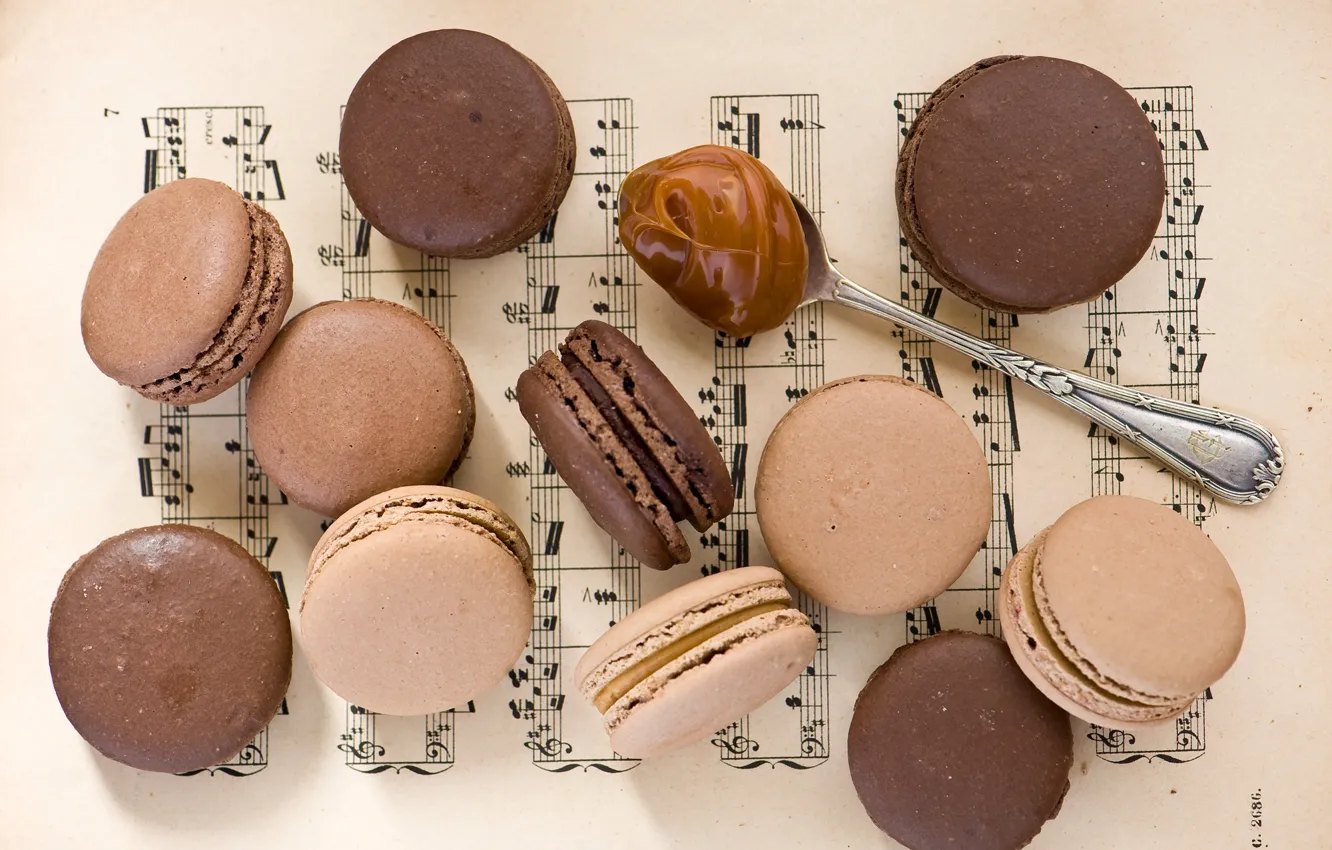 Photo wallpaper cookies, spoon, dessert, chocolate, caramel, condensed milk, macaron, macaron