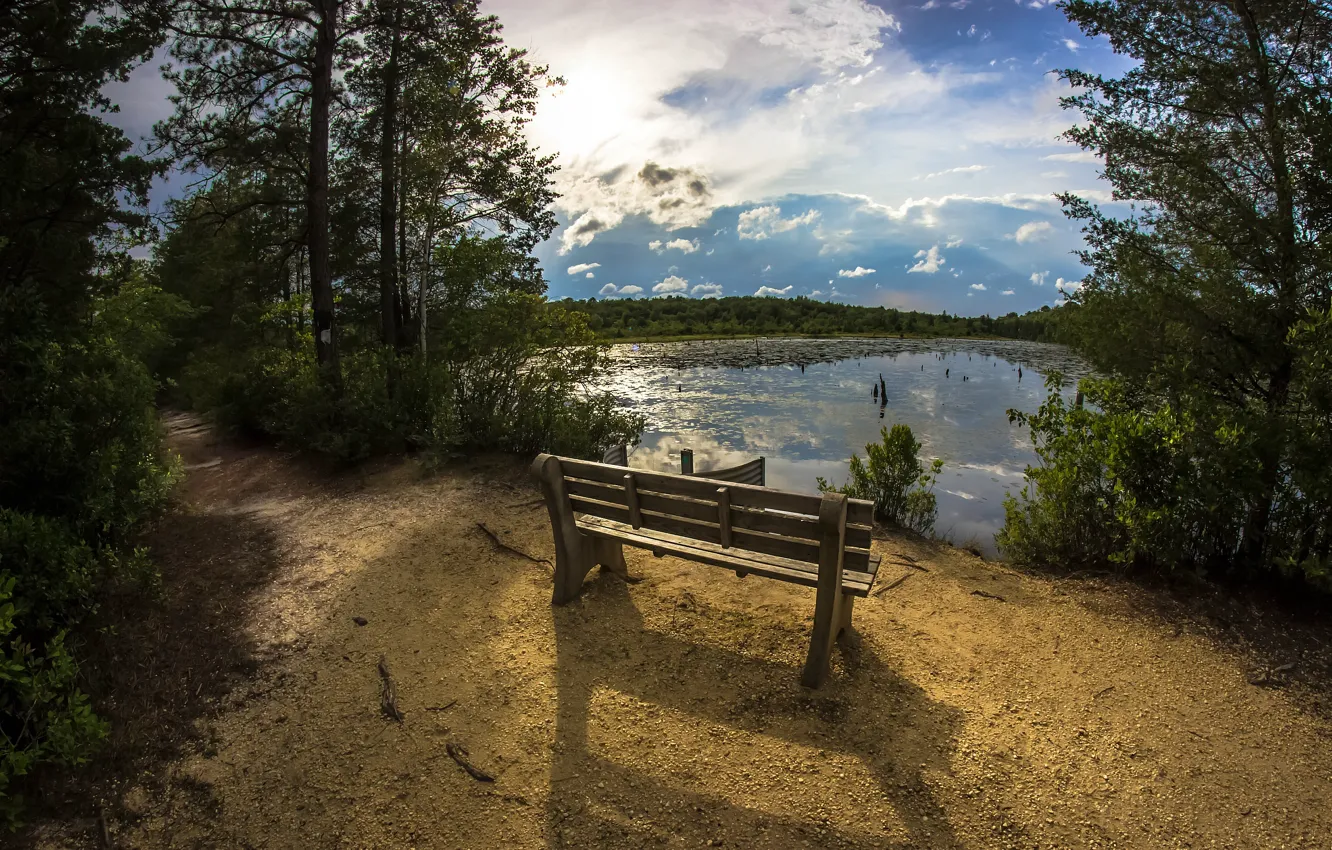 Photo wallpaper clouds, bench, nature, lake, trail, sky, nature, clouds