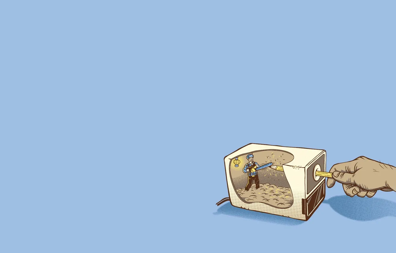 Photo wallpaper hands, pencils, chainsaw, sharpener