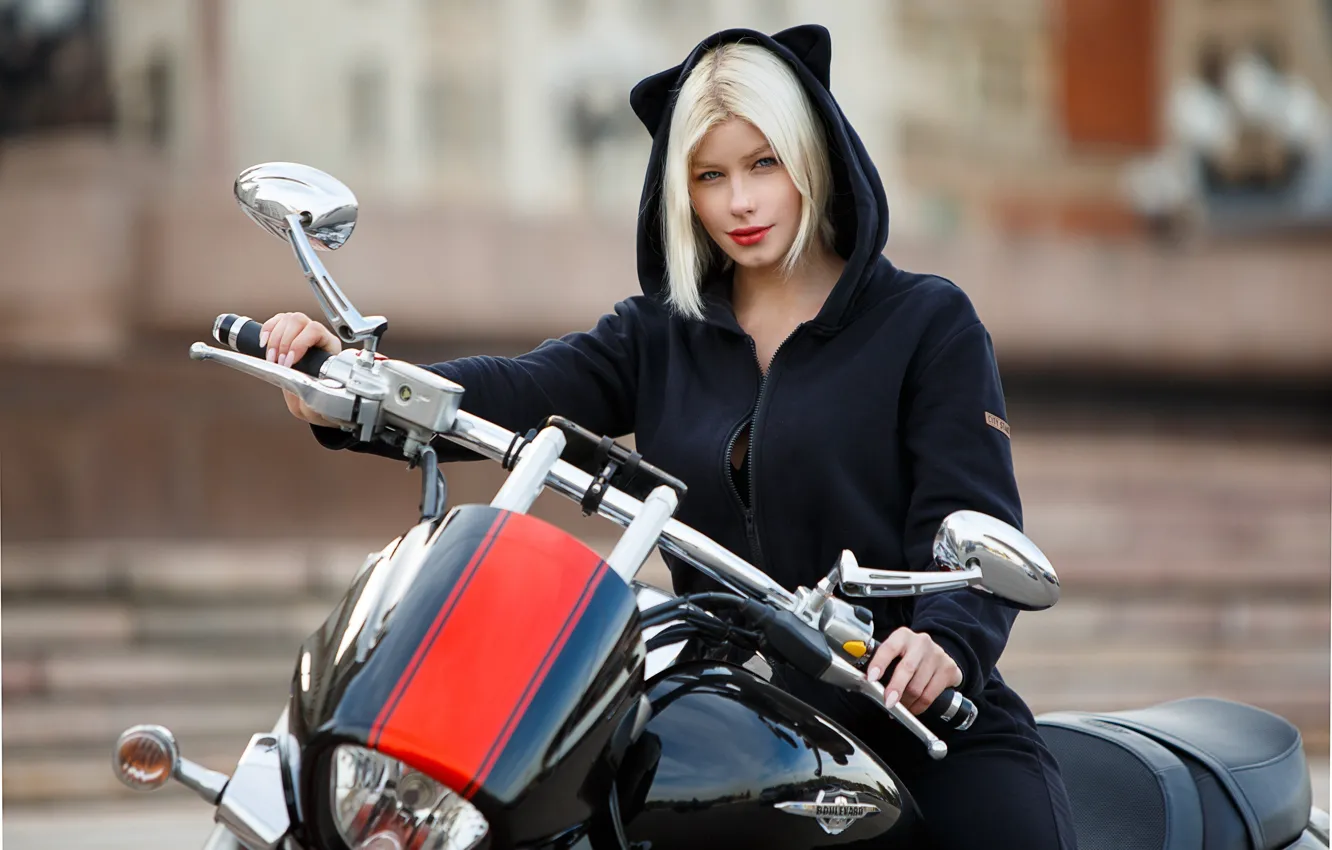 Photo wallpaper girl, model, blonde, motorcycle, driving, bike, Anastasia Zhilina, Alexander Chuprina
