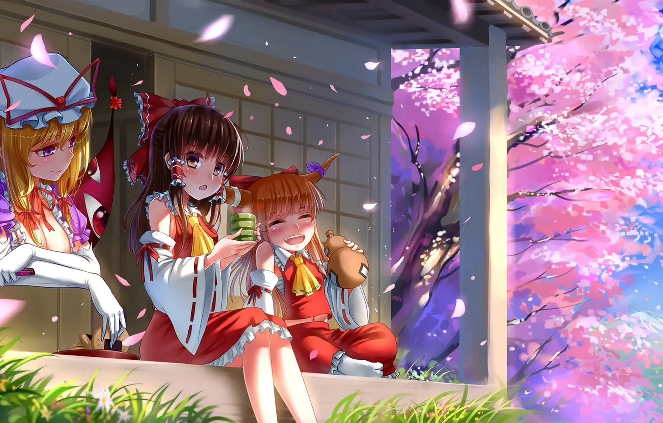 Photo wallpaper grass, girl, trees, mountains, nature, home, Sakura, art