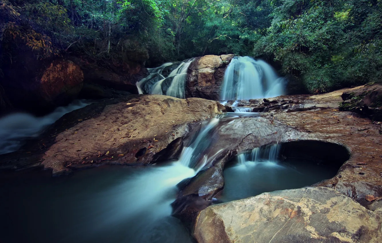 Photo wallpaper river, stones, waterfall, jungle