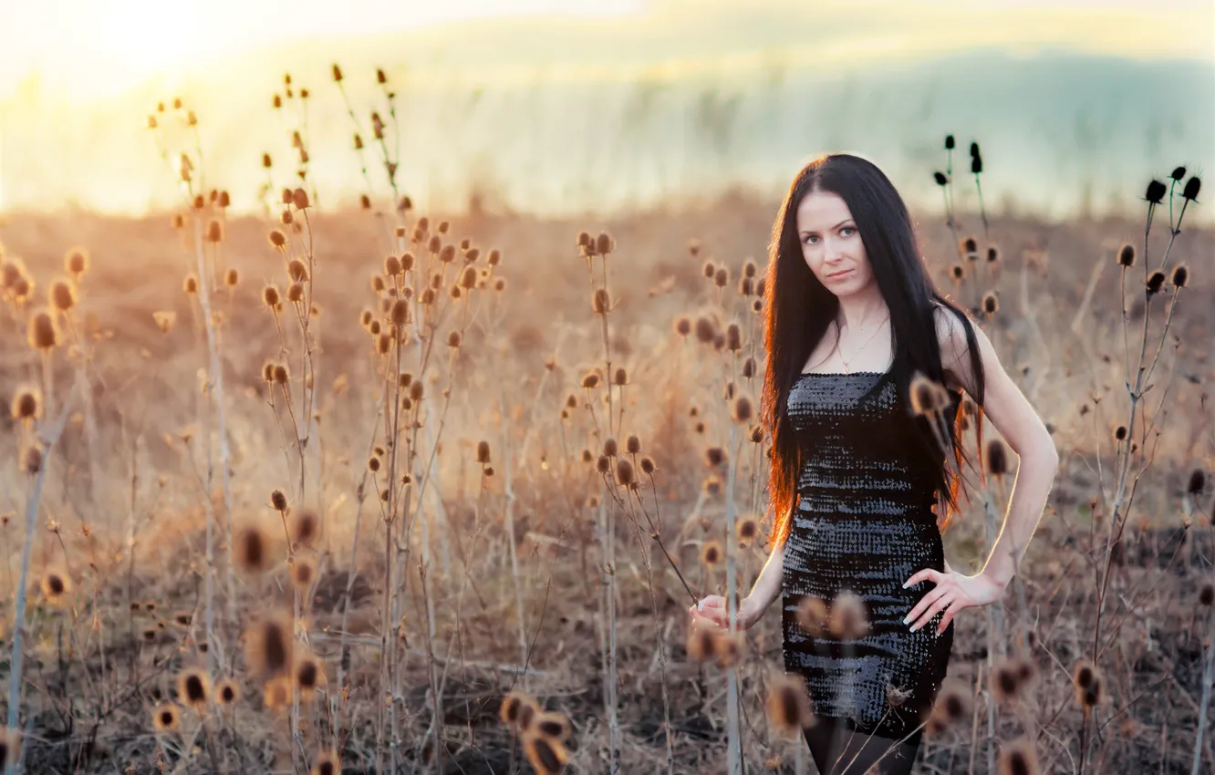 Photo wallpaper grass, look, glade, dress, brunette, horizon