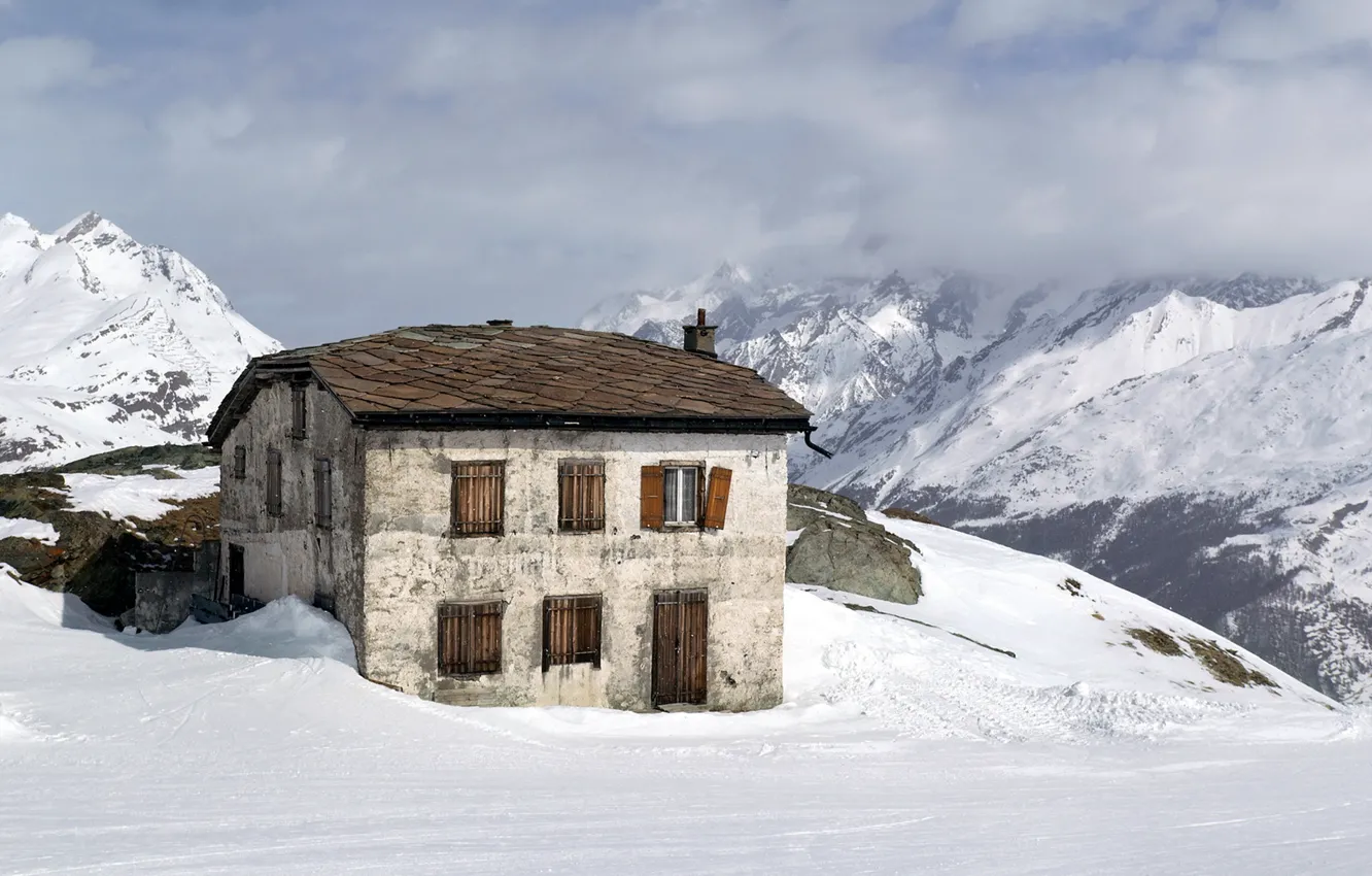 Photo wallpaper snow, mountains, home