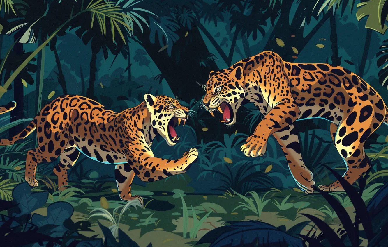 Photo wallpaper predator, jungle, art, fangs, grin, Jaguar, two, big cats
