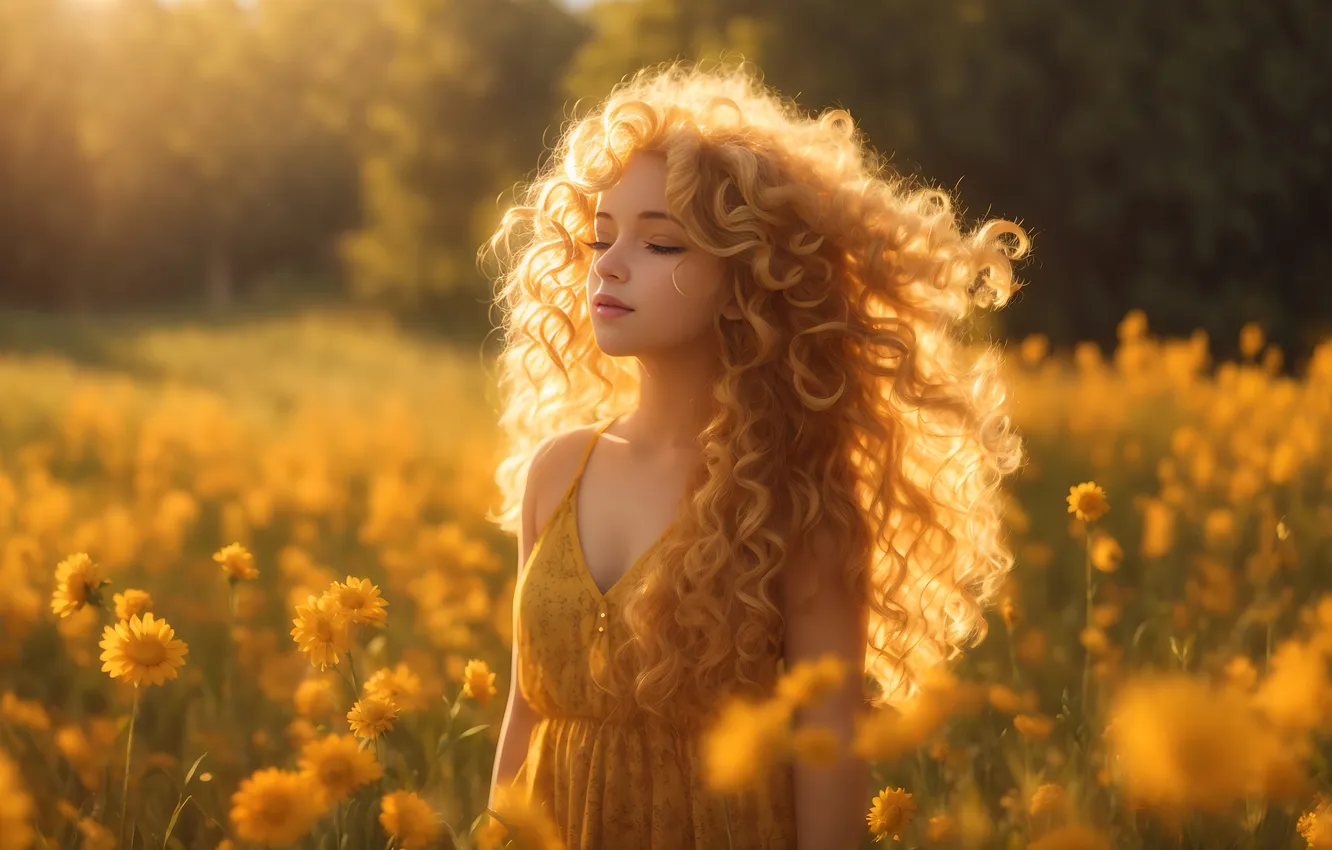 Photo wallpaper field, summer, girl, light, flowers, yellow, eyelashes, blonde