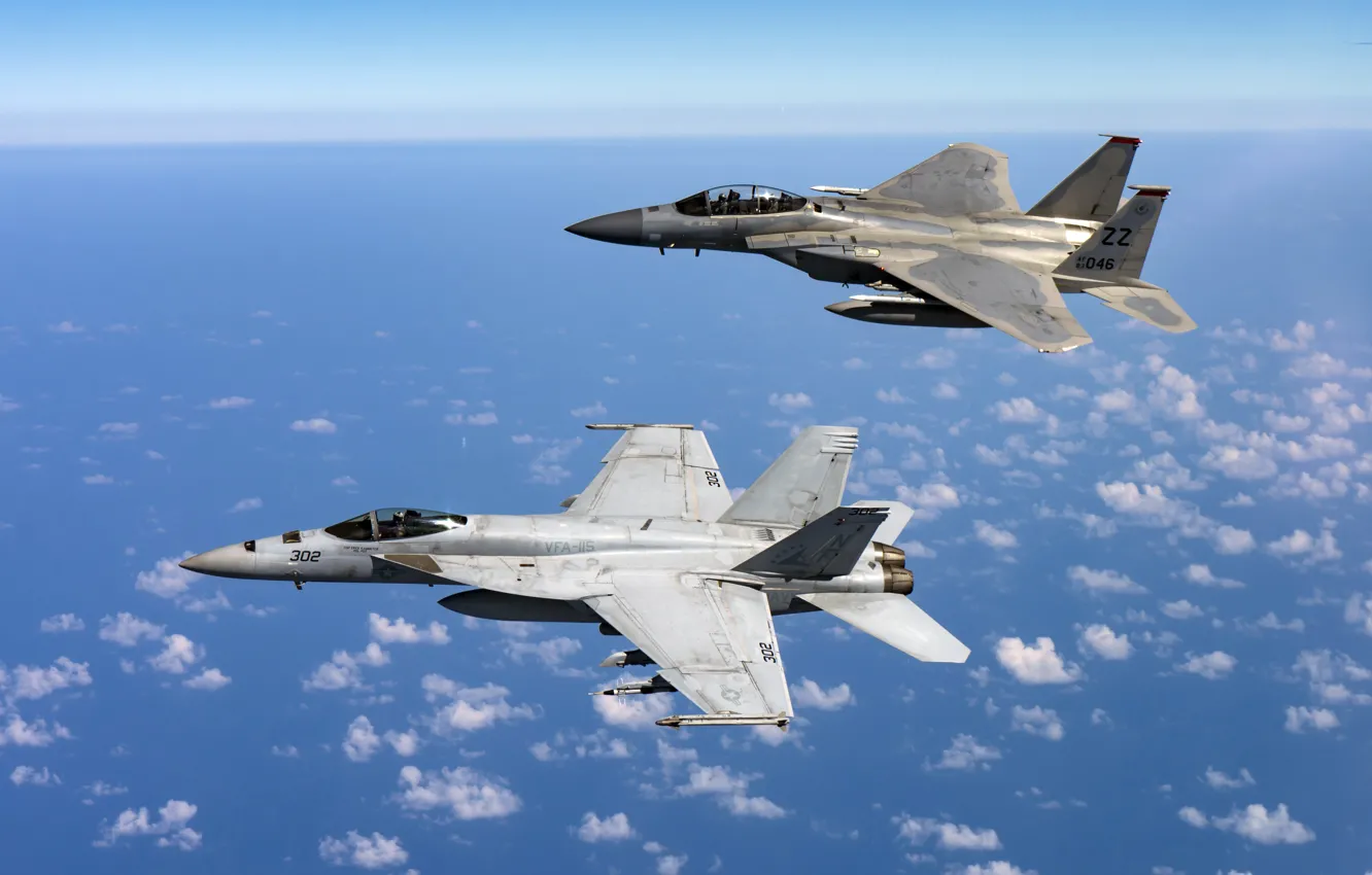 Photo wallpaper fighter, FA-18E Super Hornet, F-15D Eagle