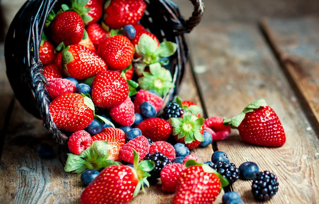 Photo wallpaper berries, basket, Board, strawberry, floor, blueberries, mulberry