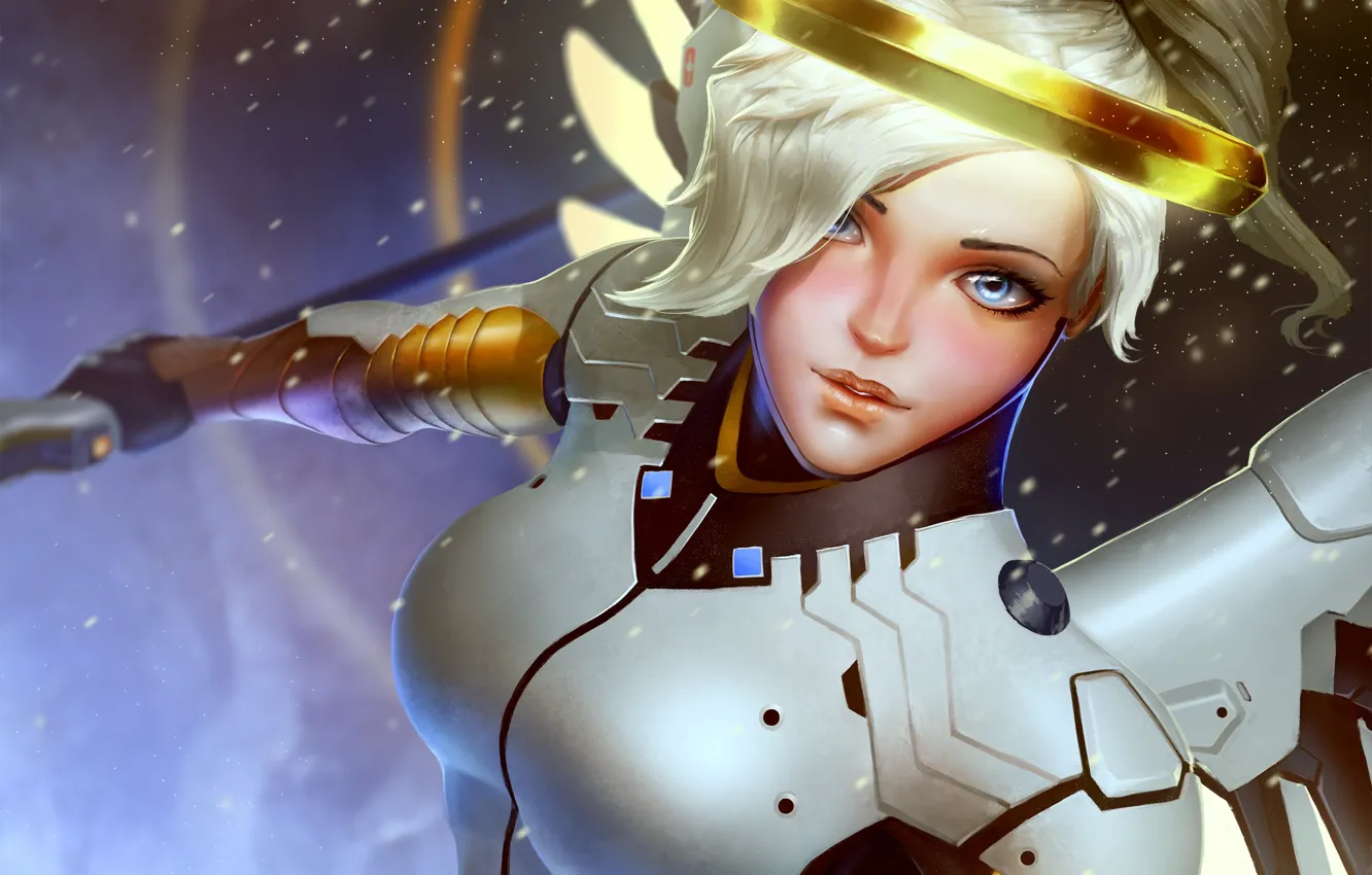 Photo wallpaper girl, face, wings, angel, art, Dr., overwatch, mercy