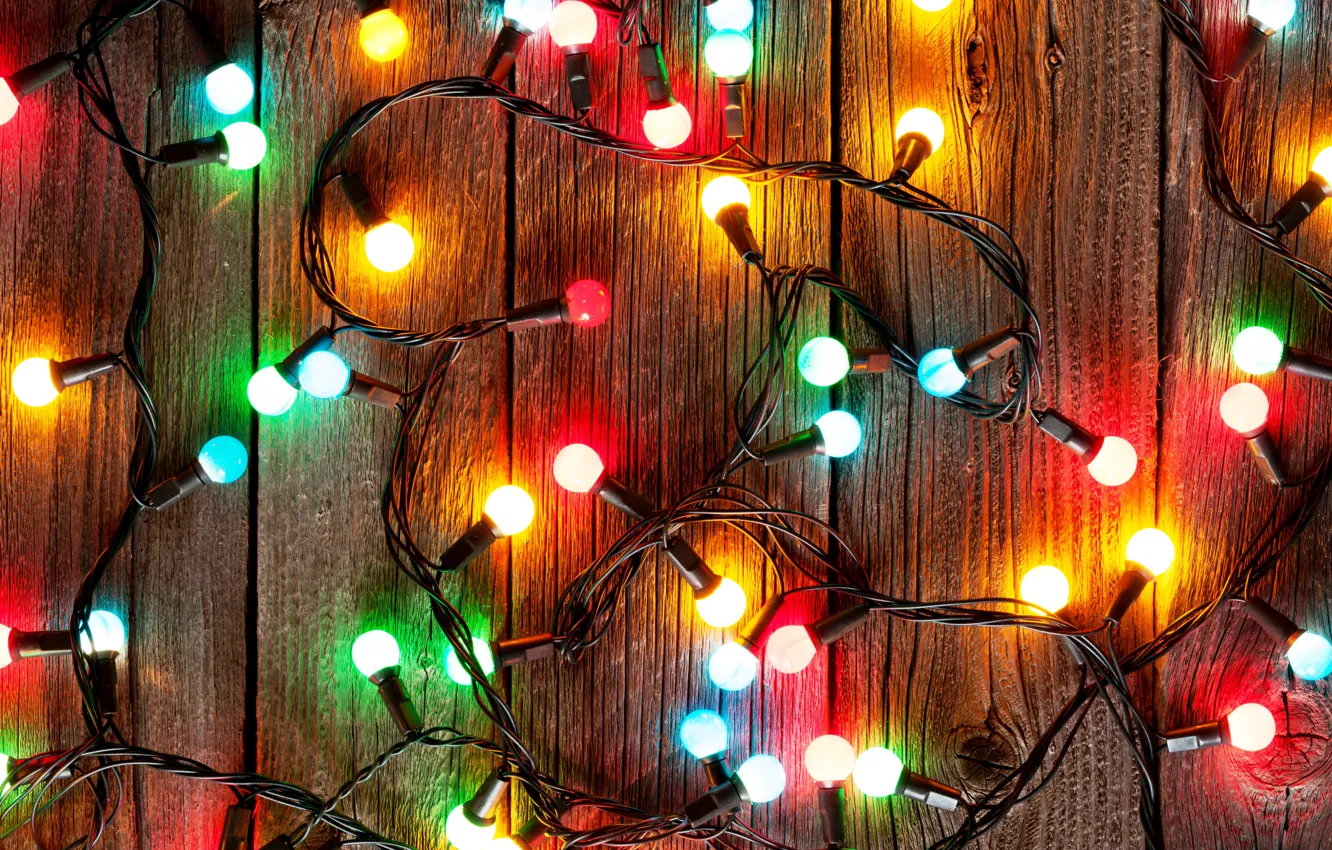 Photo wallpaper New Year, Christmas, christmas, garland, light bulb, merry christmas, decoration, xmas