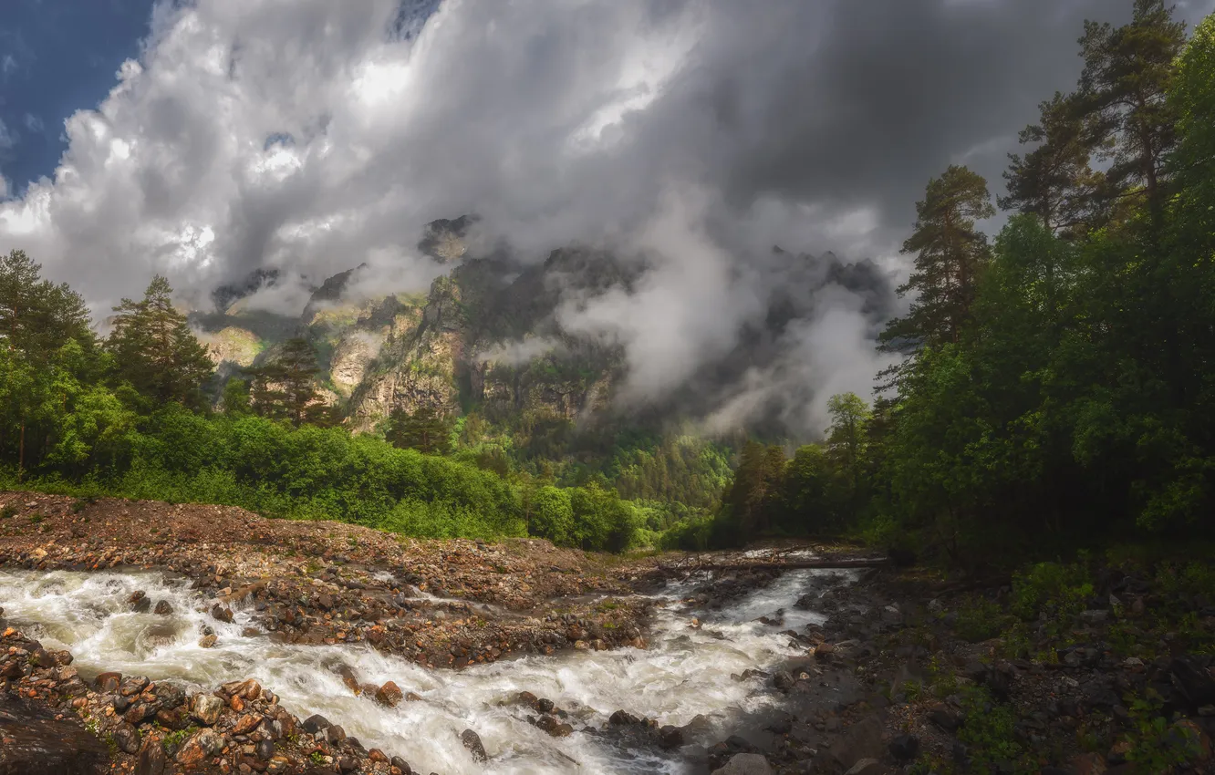 Photo wallpaper clouds, trees, mountains, stones, the beauty of nature, mountain river, Nargiza Kakharova
