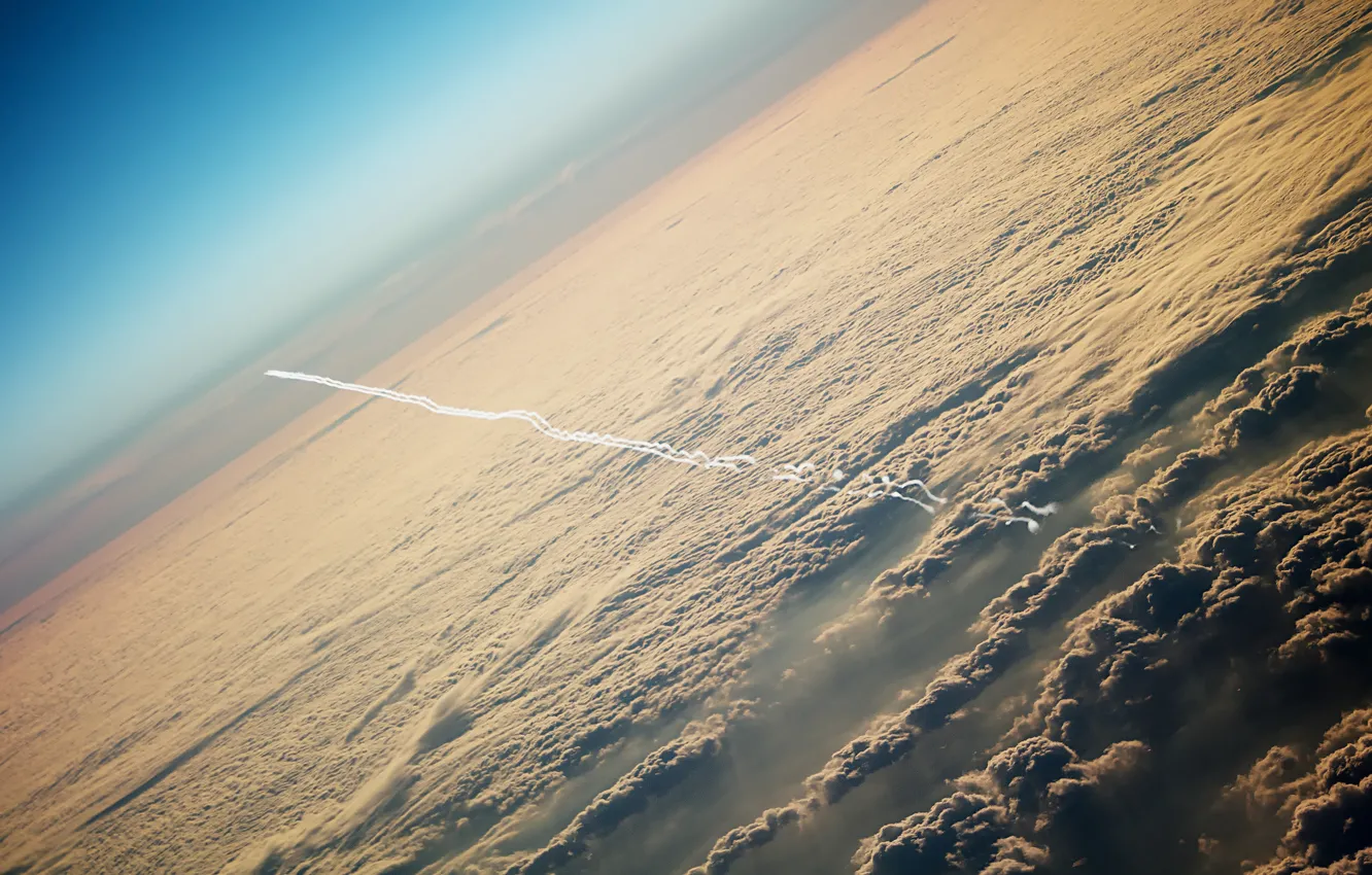 Photo wallpaper the sky, clouds, the plane, trail, height