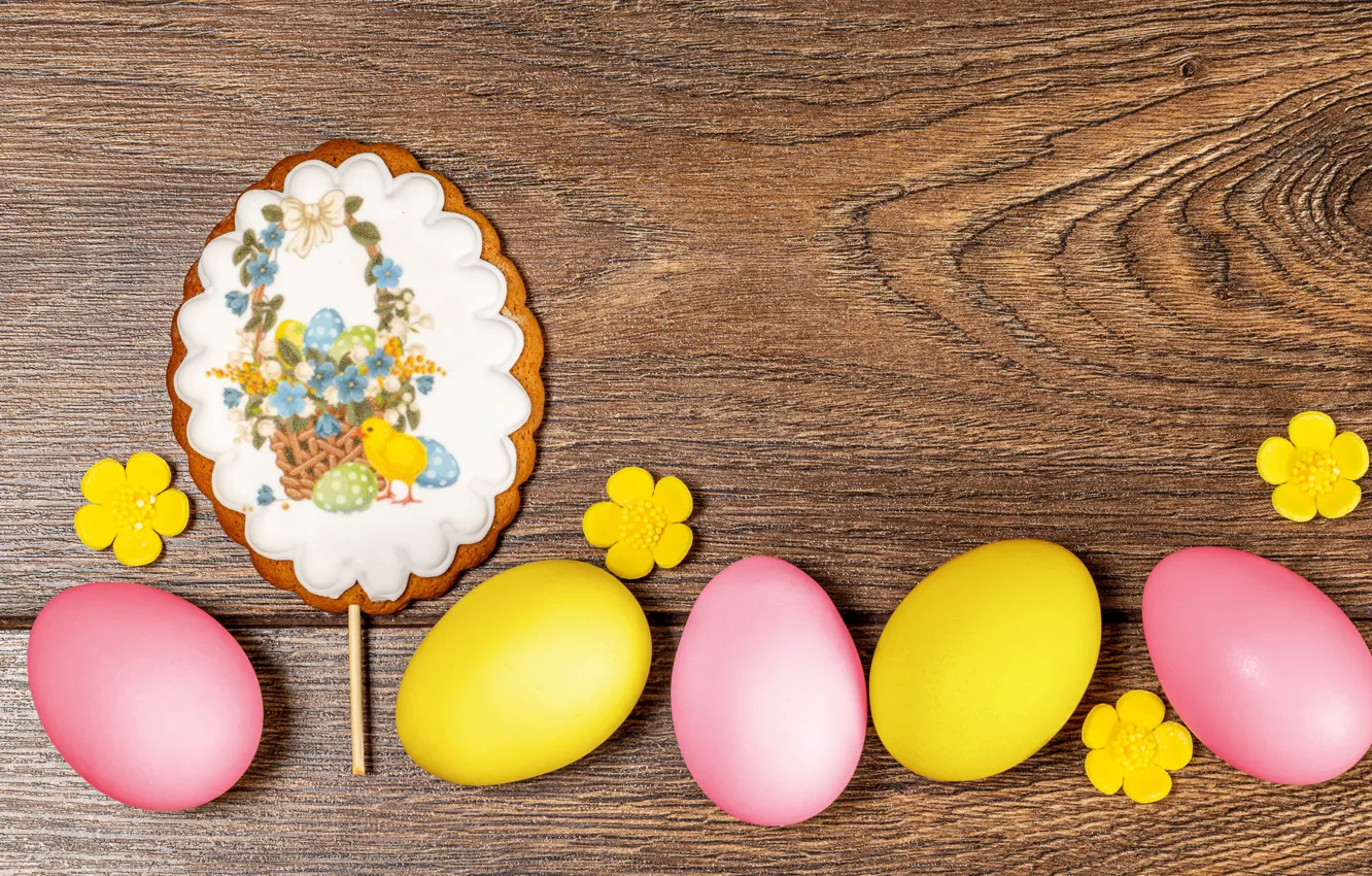 Photo wallpaper background, eggs, Easter, flowers, eggs, gingerbread