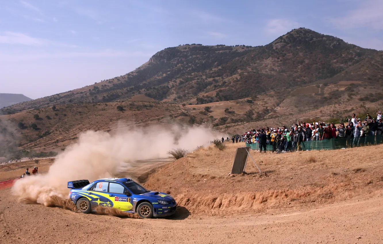 Photo wallpaper machine, auto, mountains, blue, people, dust, Subaru, Impreza