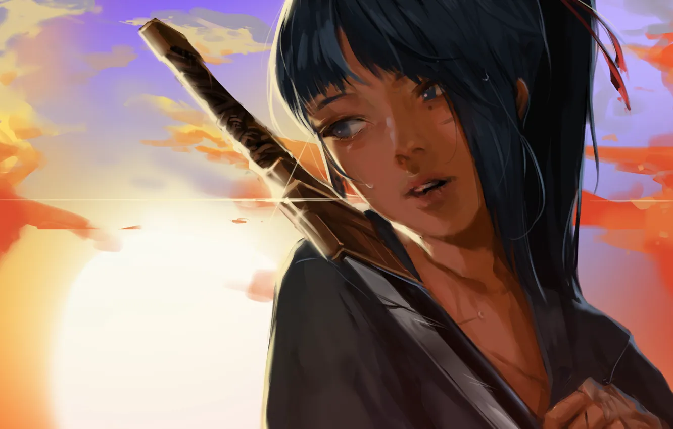 Photo wallpaper girl, sword, fantasy, sky, weapon, sunset, blue eyes, clouds