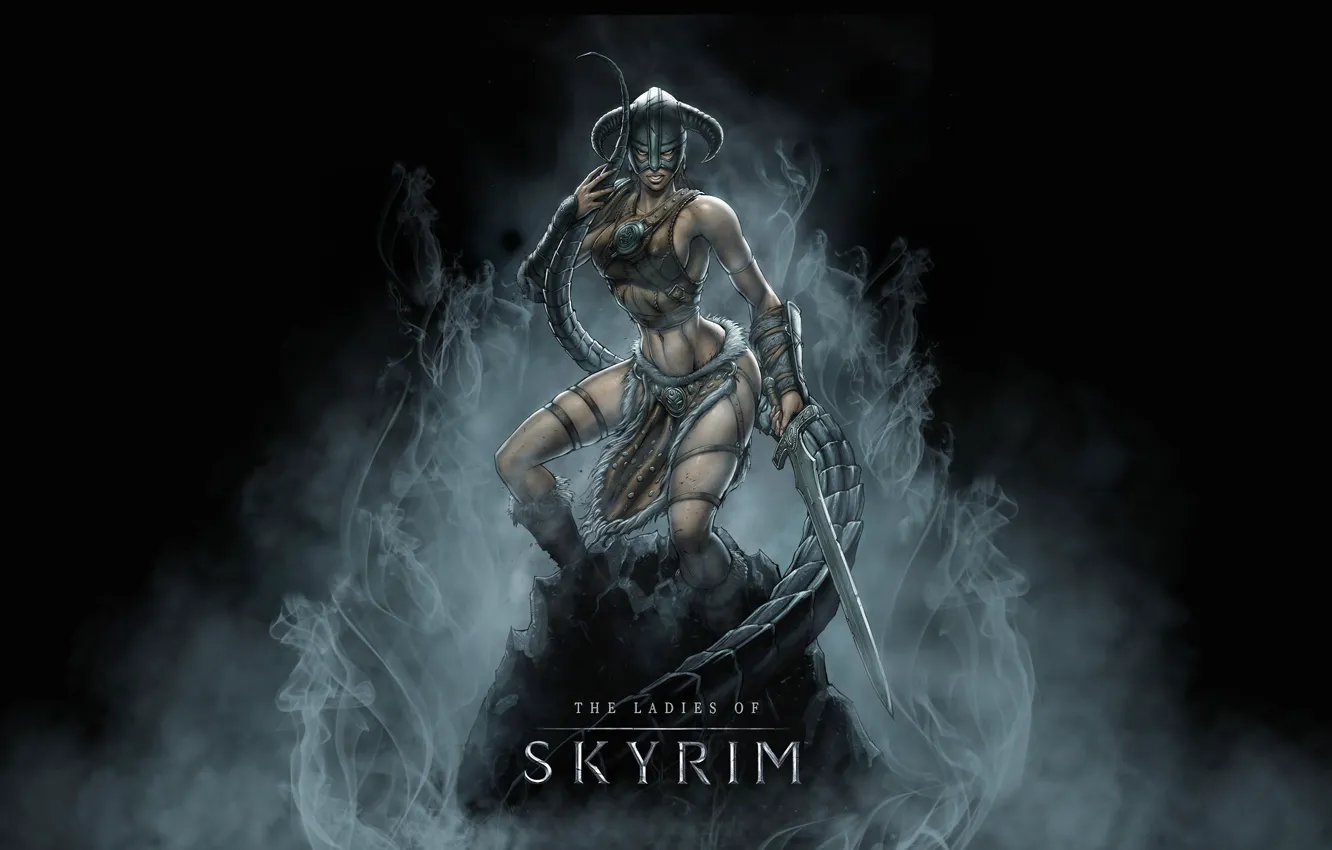 Photo wallpaper girl, sword, armor, Skyrim, simple background
