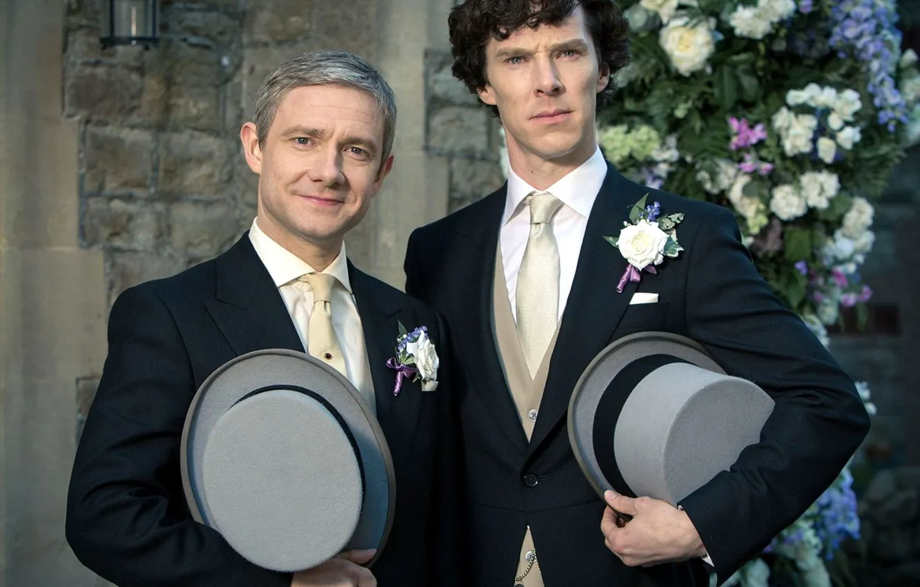 Photo wallpaper each, hat, wedding, the groom, Martin Freeman, Benedict Cumberbatch, Sherlock, Sherlock BBC