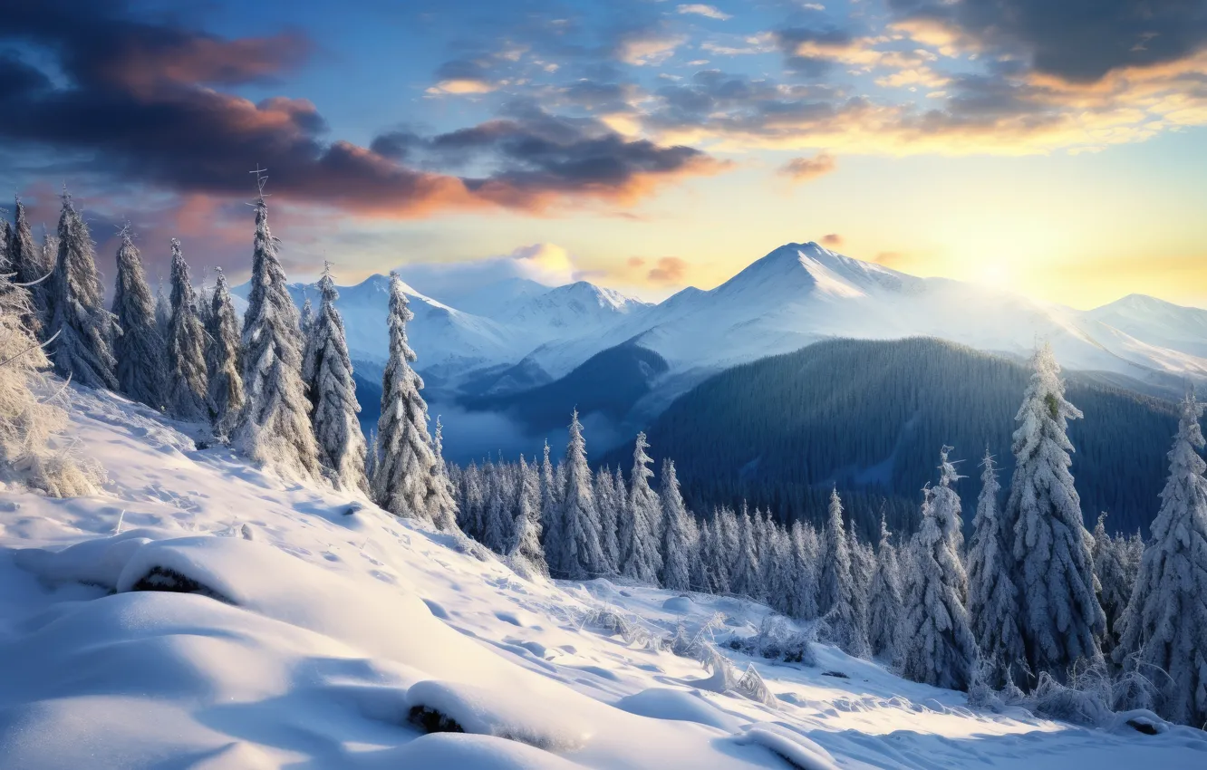 Photo wallpaper winter, frost, forest, the sun, clouds, rays, light, snow