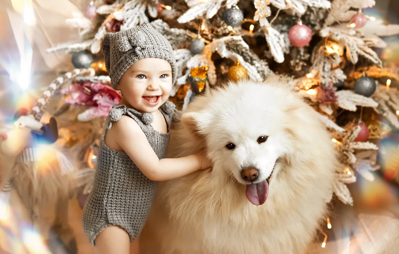 Photo wallpaper joy, animal, holiday, new year, dog, baby, tree, child