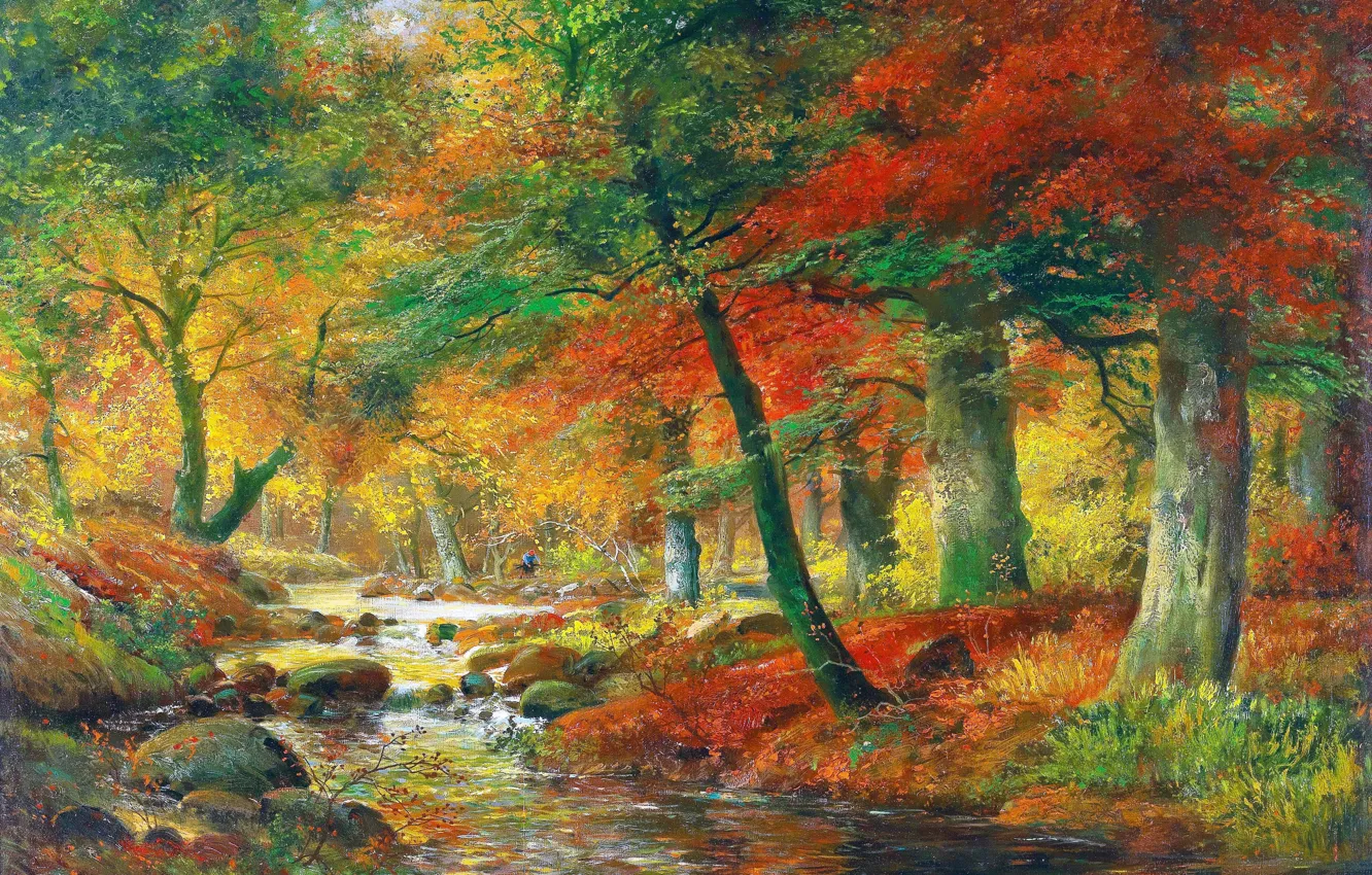Photo wallpaper Trees, Picture, River, Alois Arnegger, Alois Arnegger, Austrian painter, River landscape in autumn