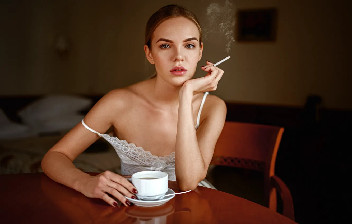 Photo wallpaper look, girl, smoke, coffee, portrait, cigarette, Cup, George Chernyadev