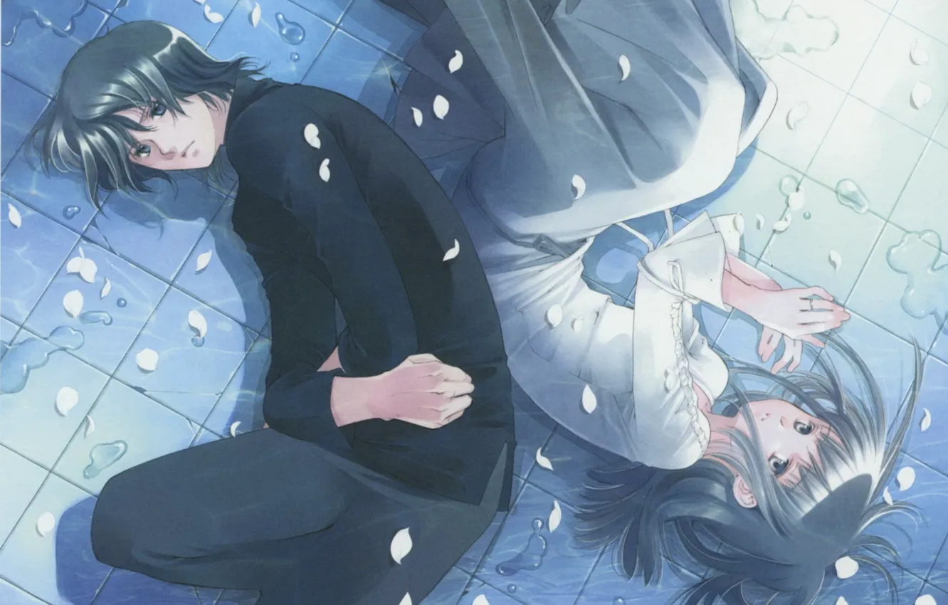 Photo wallpaper water, girl, petals, pair, floor, lies, guy, two