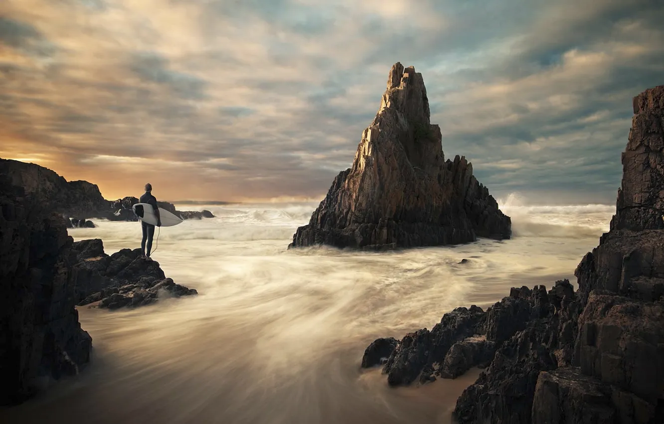 Photo wallpaper wave, clouds, the ocean, rocks