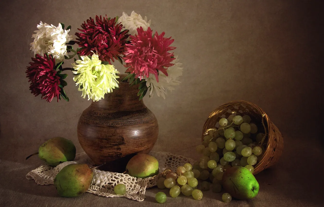 Photo wallpaper bouquet, texture, grapes, pitcher, pear, asters