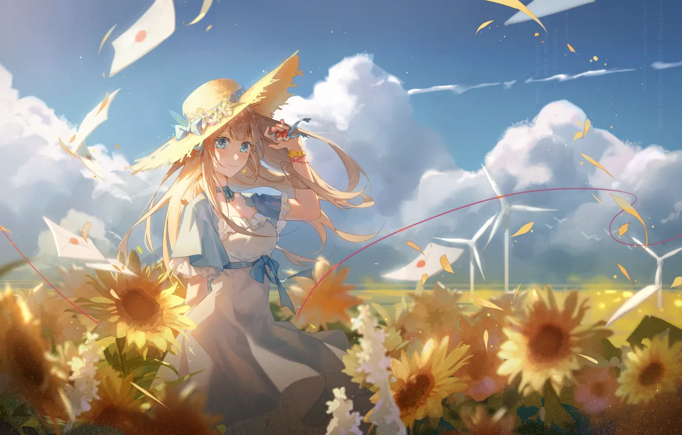 Photo wallpaper clouds, sunflowers, the wind, girl, windmills, red thread, in the field, blue sky