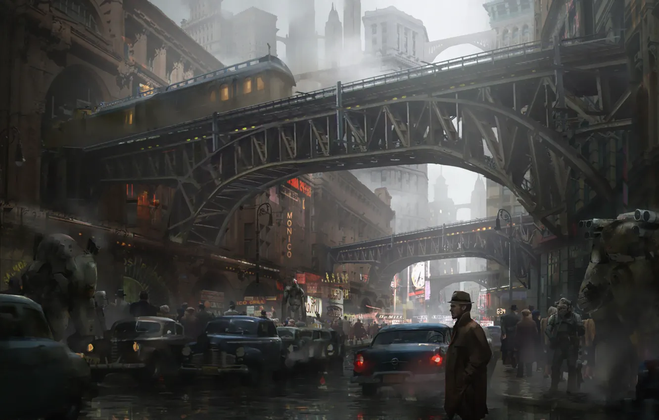 Photo wallpaper machine, auto, the city, street, people, building, robot, art