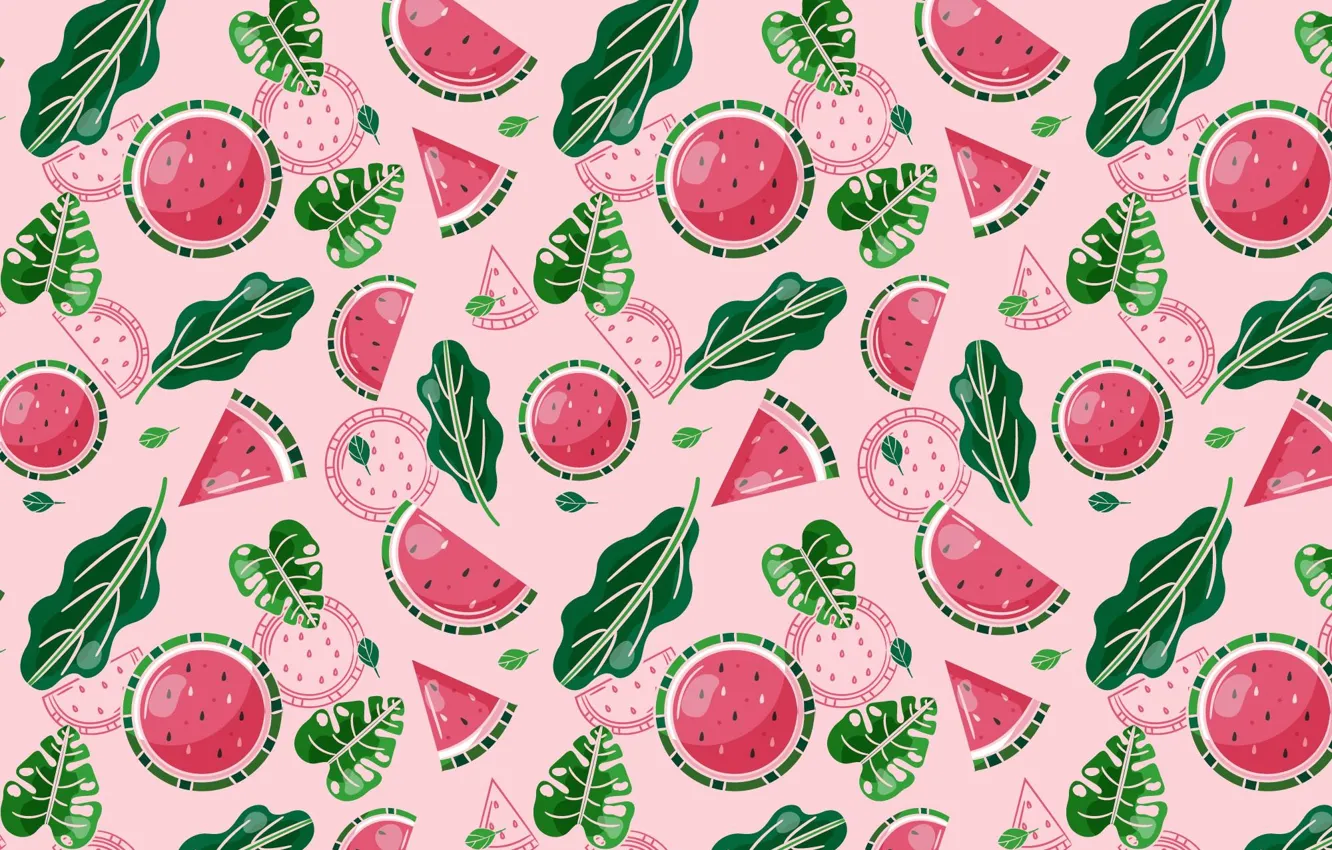 Photo wallpaper leaves, texture, watermelon, pattern, fruit, circles, pink background, slices