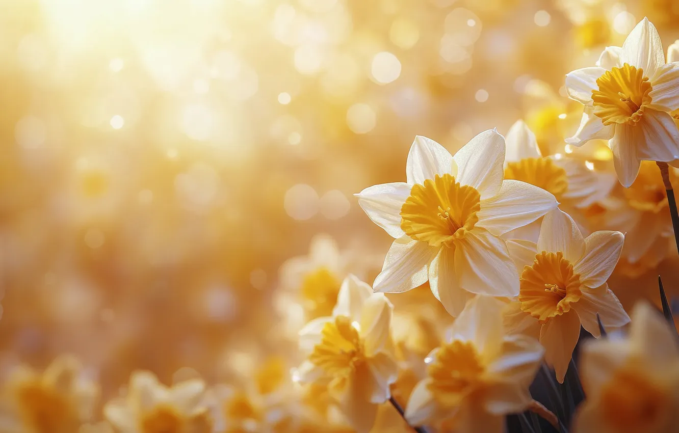 Photo wallpaper flowers, spring, daffodils, bokeh, AI art, neural network