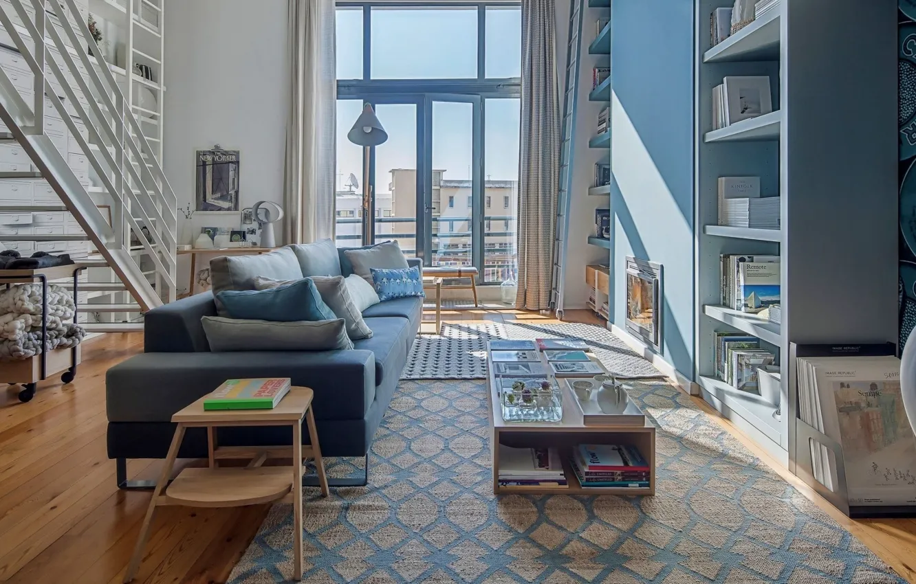 Photo wallpaper style, interior, spacious studio loft in blue, library, living room, fireplace, design