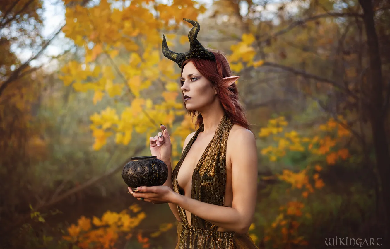 Photo wallpaper look, girl, nature, pose, makeup, dress, fantasy, outfit