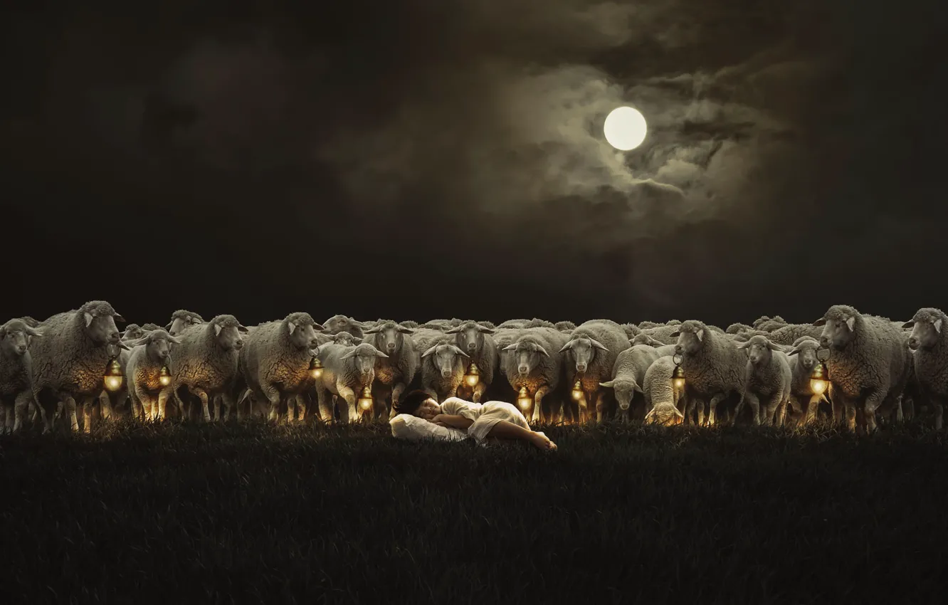 Photo wallpaper field, the sky, grass, night, clouds, children, darkness, rendering