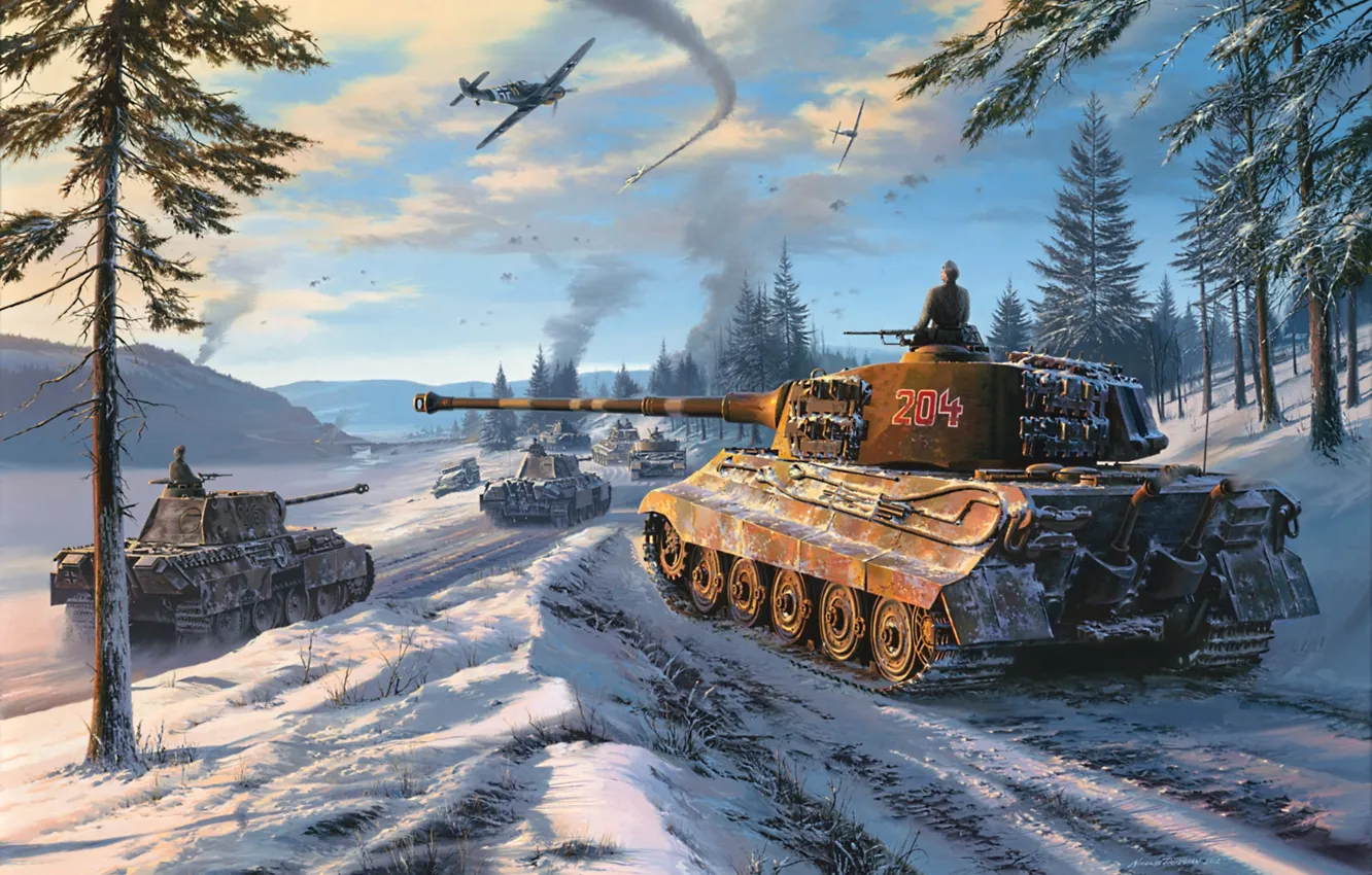 Photo wallpaper winter, forest, the sky, snow, figure, Panther, aircraft, tanks